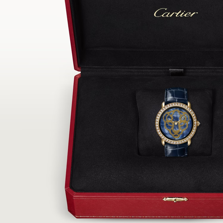 Cartier Révélation d'une Panthère Yellow Gold 37 MM - Shiny Blue Alligator Leather Strap - Diamond Bezel - Blue Mother-of-Pearl Dial - HPI01354