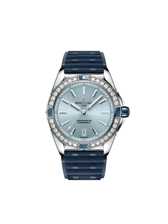 Breitling Chronomat Stainless steel 38 MM - Blue Rubber Strap - Diamond Bezel - Light Blue Silver Dial - A17356531C1S1