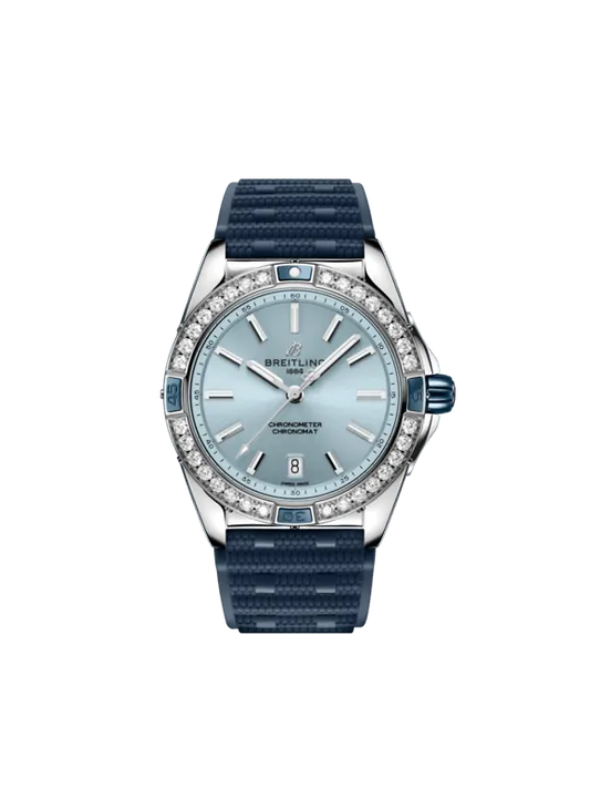 Breitling Chronomat Stainless steel 38 MM - Blue Rubber Strap - Diamond Bezel - Light Blue Silver Dial - A17356531C1S1