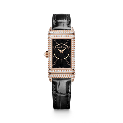 JLC - Reverso One Duetto Jewelry - 40 MM x 20 MM - Pink Gold - Silvered-Gray/Black Dial - Diamond-Pavé Case - Black Leather Strap - Q336247J