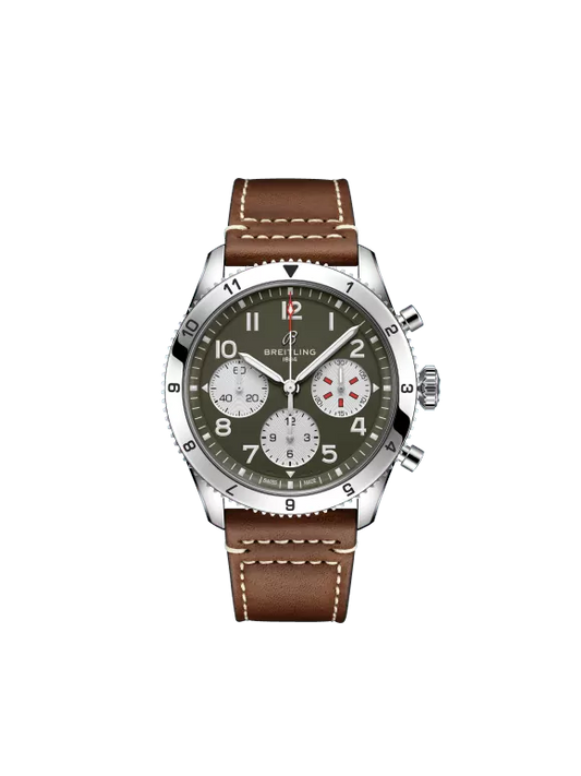 Breitling Classic AVI Stainless Steel 42 MM - Gold Brown Calfskin Strap - Green Dial - A233802A1L1X1