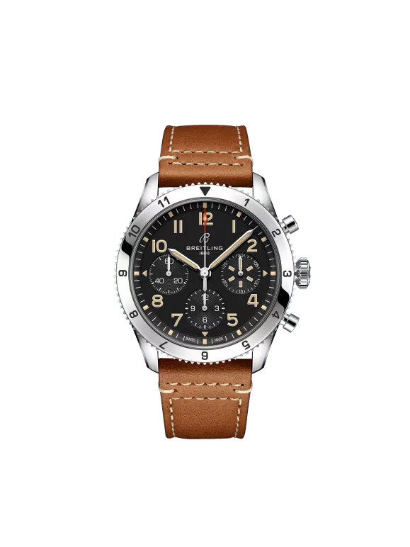 Breitling Classic AVI Stainless Steel 42 MM - Gold Brown Calfskin Strap - Black Dial - A233803A1B1X1