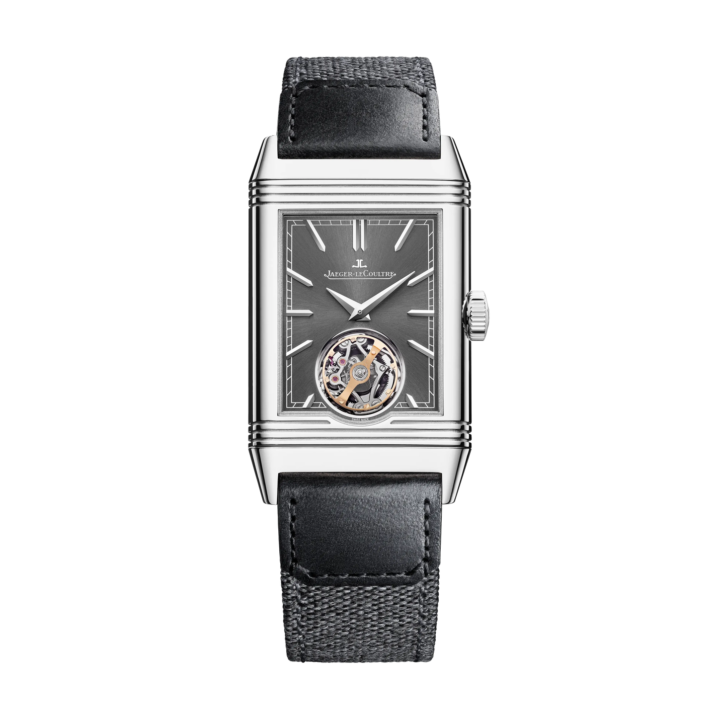 JLC - Reverso Tribute Duoface Tourbillon - 45.5 MM x 27.4 MM - Stainless Steel - Charcoal Gray/Gray Dial - Black Leather Strap - Q392845J