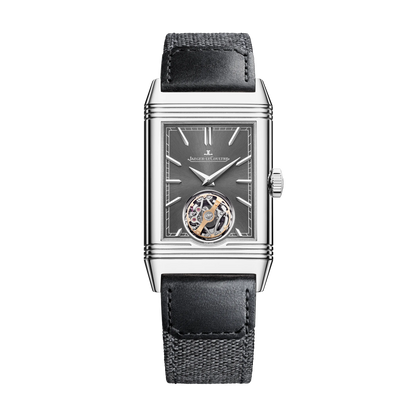 JLC - Reverso Tribute Duoface Tourbillon - 45.5 MM x 27.4 MM - Stainless Steel - Charcoal Gray/Gray Dial - Black Leather Strap - Q392845J