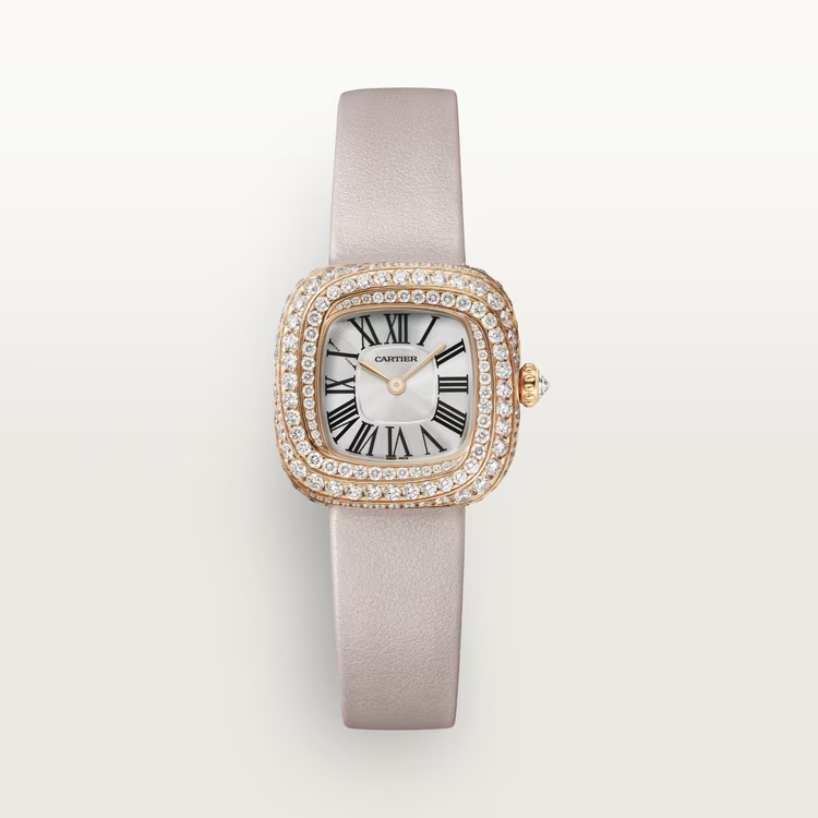 Cartier Coussin de Cartier Rose gold 27.1 MM - Beige Calfskin Strap - Diamond Bezel - Silvered Sunray Dial - WJCS0004