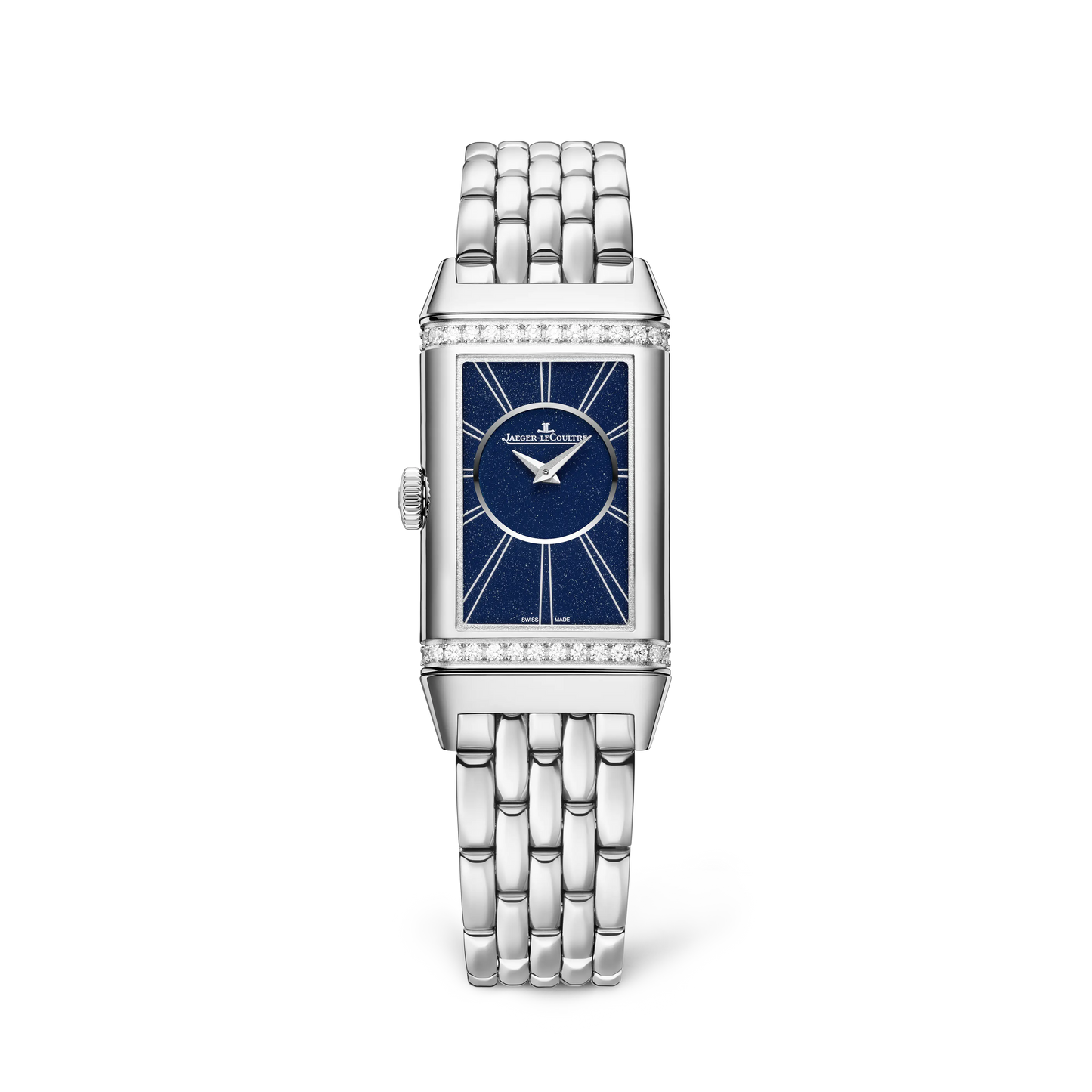 JLC - Reverso One Duetto - 40.1 MM x 20 MM - Stainless Steel - Silvered-Gray/Midnight Blue Dial - Diamond-Set Case - Stainless Steel Bracelet/Blue Leather Strap - Q334818J