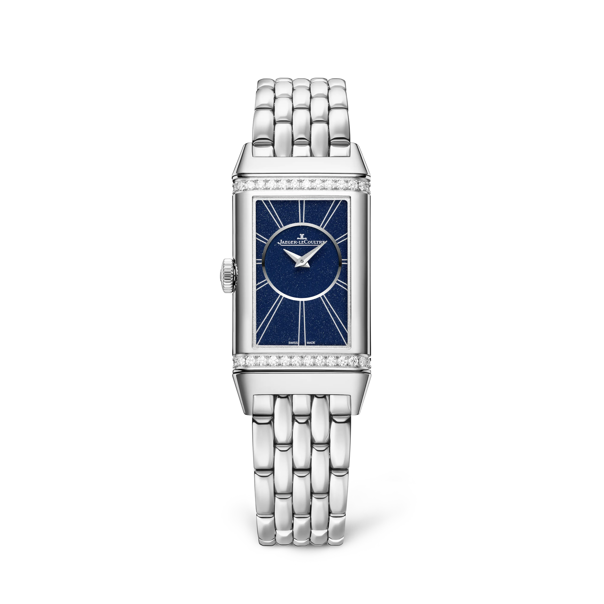 JLC - Reverso One Duetto - 40.1 MM x 20 MM - Stainless Steel - Silvered-Gray/Midnight Blue Dial - Diamond-Set Case - Stainless Steel Bracelet/Blue Leather Strap - Q334818J