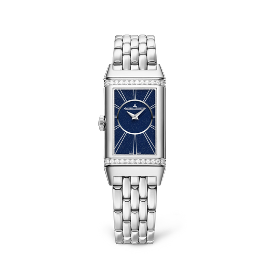 JLC - Reverso One Duetto - 40.1 MM x 20 MM - Stainless Steel - Silvered-Gray/Midnight Blue Dial - Diamond-Set Case - Stainless Steel Bracelet/Blue Leather Strap - Q334818J