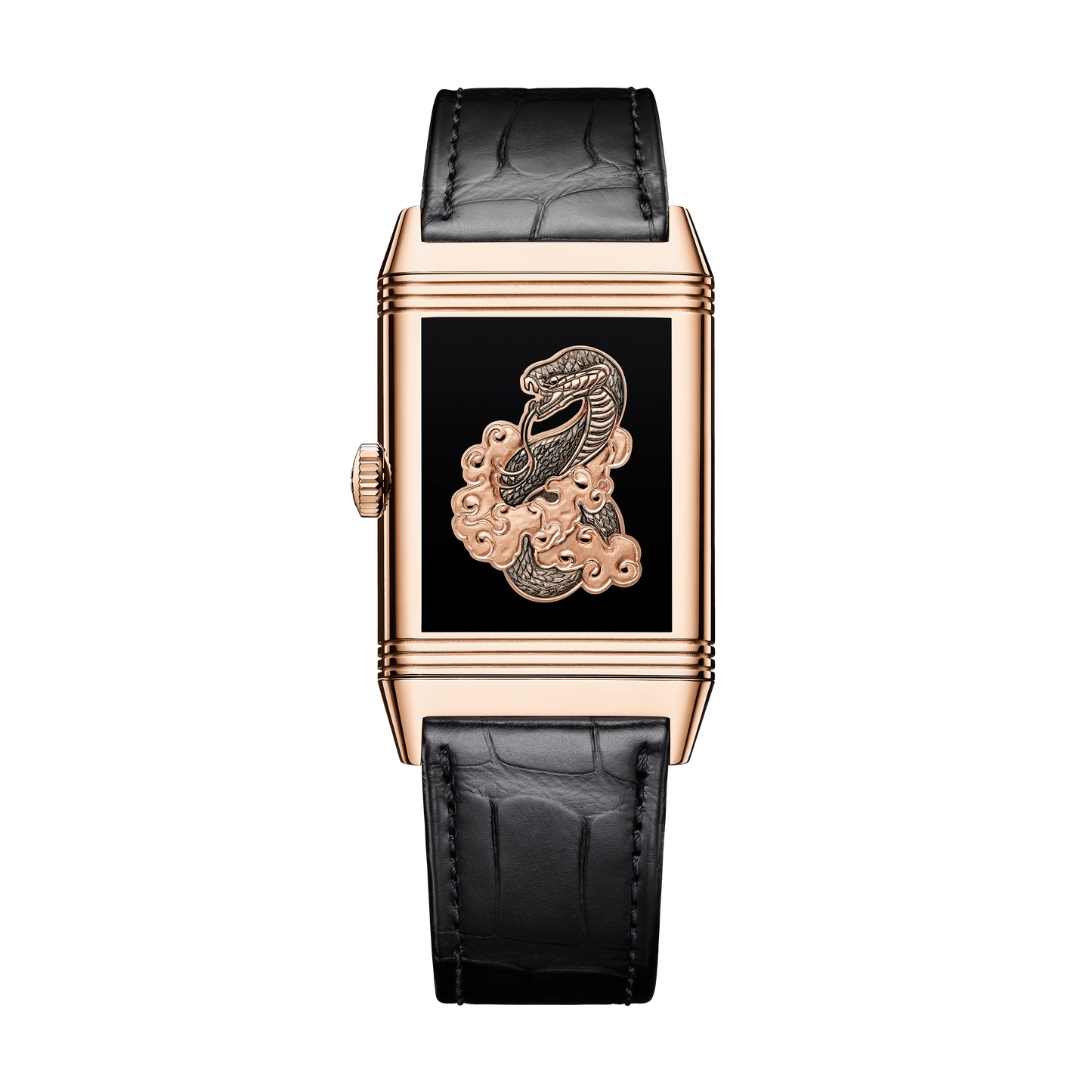 JLC - Reverso Tribute Enamel Snake - Year Of The Snake Edition - 45.6 MM x 27.4 MM - Pink Gold - Black Enamel Dial - Black Leather Strap - Q39324D2