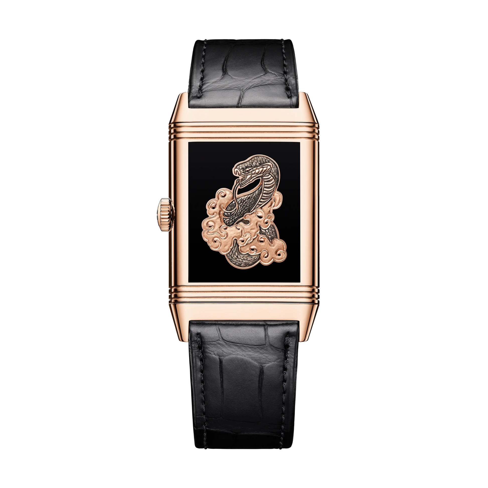 JLC - Reverso Tribute Enamel Snake - Year Of The Snake Edition - 45.6 MM x 27.4 MM - Pink Gold - Black Enamel Dial - Black Leather Strap - Q39324D2