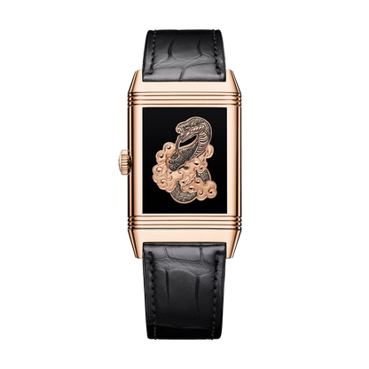 JLC - Reverso Tribute Enamel Snake - Year Of The Snake Edition - 45.6 MM x 27.4 MM - Pink Gold - Black Enamel Dial - Black Leather Strap - Q39324D2