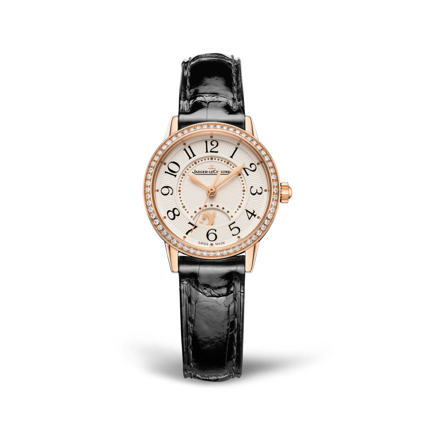 JLC - Rendez-Vous Classic Night & Day - 29 MM - Pink Gold - Silvered-Gray Guilloché Dial - Diamond Bezel - Black Leather Strap - Q3462430