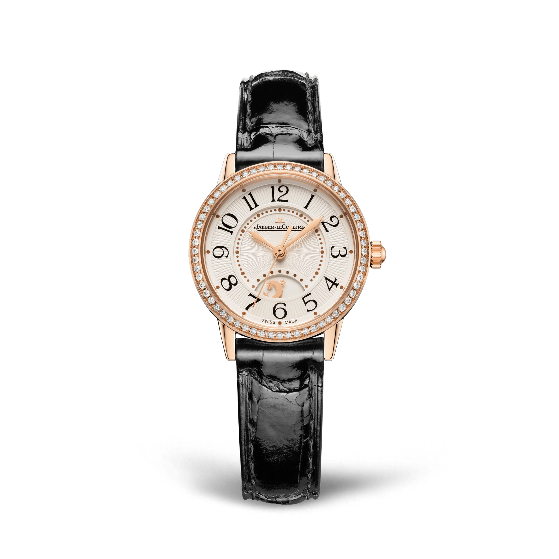 JLC - Rendez-Vous Classic Night & Day - 29 MM - Pink Gold - Silvered-Gray Guilloché Dial - Diamond Bezel - Black Leather Strap - Q3462430
