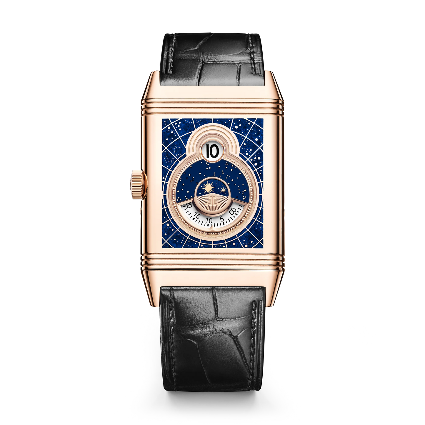 JLC - Reverso Tribute Nonantieme Enamel - Limited Edition - 49.4 MM x 29.9 MM - Pink Gold - Charcoal Gray/Blue Enamel Dial - Black Leather Strap - Q71125E1
