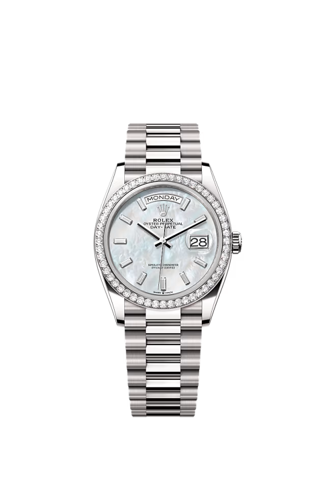 Rolex Day-Date - 36 MM - White Gold - MoP White Dial - 128349RBR PMoPWd  nyc watcher nyc watches