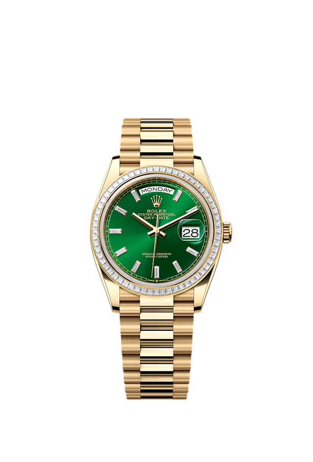 Rolex Day-Date - 36 MM - Yellow Gold - Green Dial - 128398TBR PGd  nyc watcher nyc watches