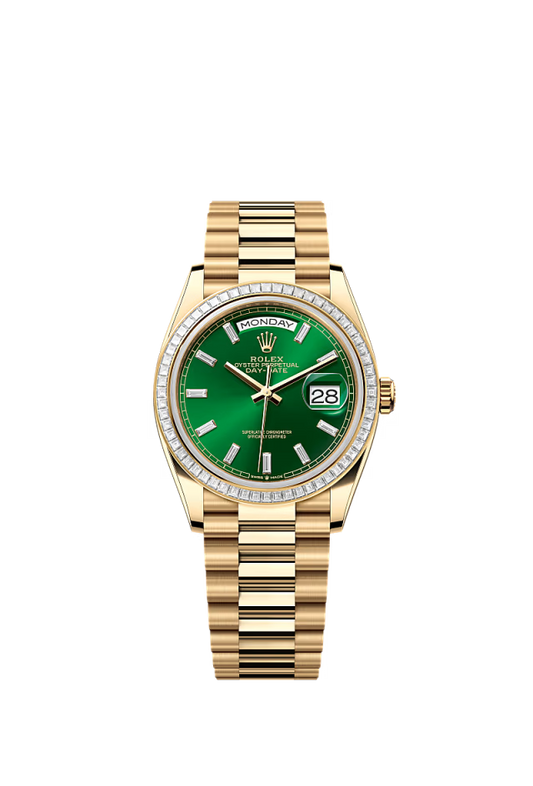 Rolex Day-Date - 36 MM - Yellow Gold - Green Dial - 128398TBR PGd  nyc watcher nyc watches