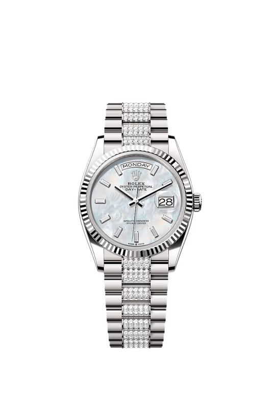 Rolex Day-Date - 36 MM - White Gold - MoP White Dial - 128239 PMOP  nyc watcher nyc watches