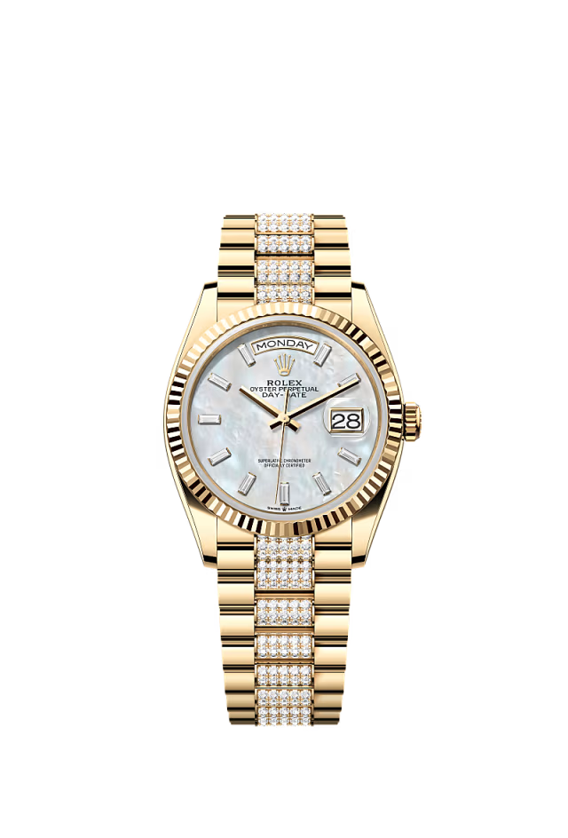 Rolex Day-Date - 36 MM - Yellow Gold - MoP White Dial - 128238 PdMoPWd nyc watcher nyc watches