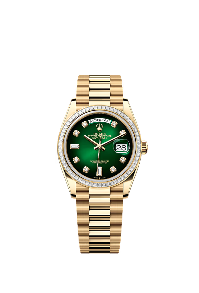 Rolex Day-Date - 36 MM - Yellow Gold - Green Dial - 128398TBR PGd nyc watcher nyc watches