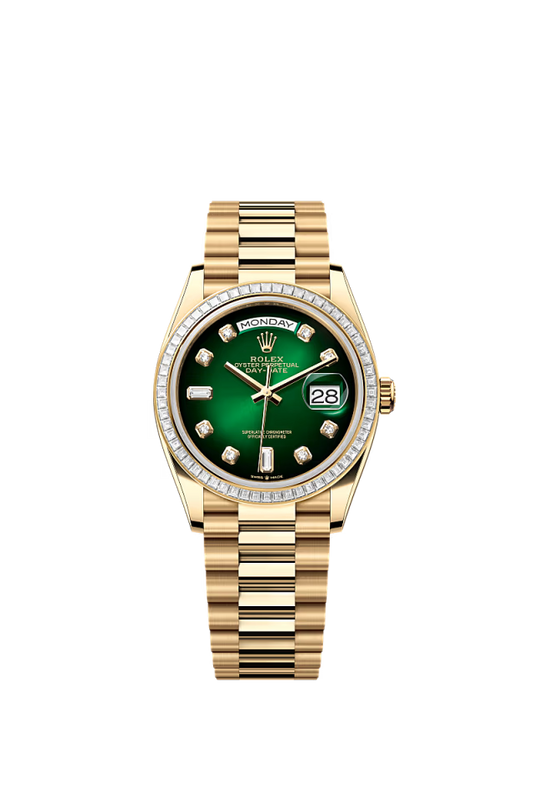 Rolex Day-Date - 36 MM - Yellow Gold - Green Dial - 128398TBR PGd nyc watcher nyc watches