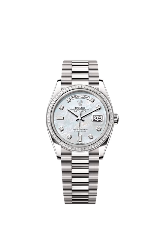 Rolex Day-Date - 36 MM - White Gold - MoP White Dial - 128399TBR PMoPw  nyc watcher nyc watches