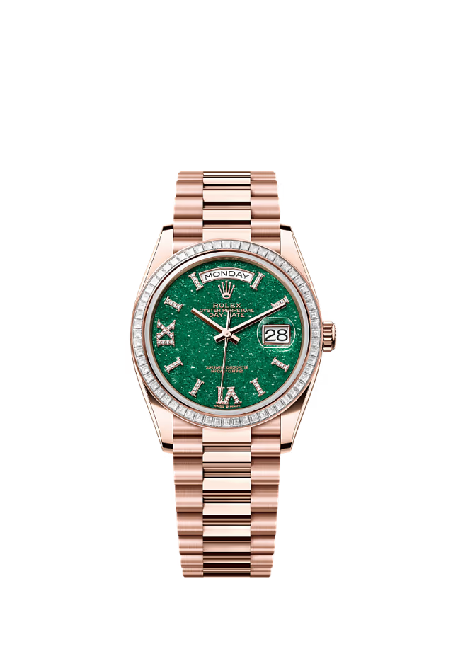 Rolex Day-Date - 36 MM - Rose Gold - Green Dial - 128395TBR PGd nyc watcher nyc watches