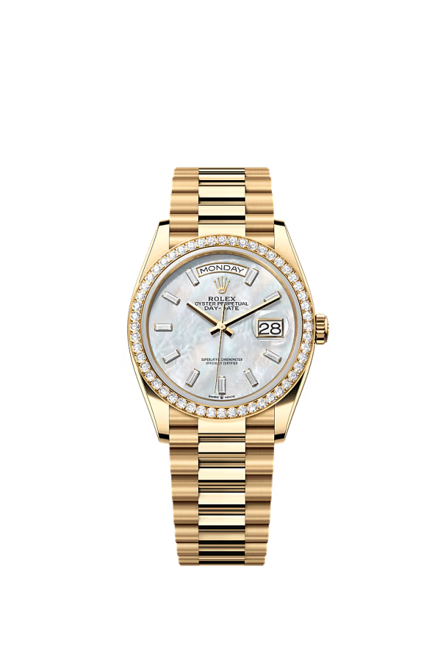 Rolex Day-Date - 36 MM - Yellow Gold - MoP White Dial - 128348RBR PMoPWd nyc watcher nyc watches