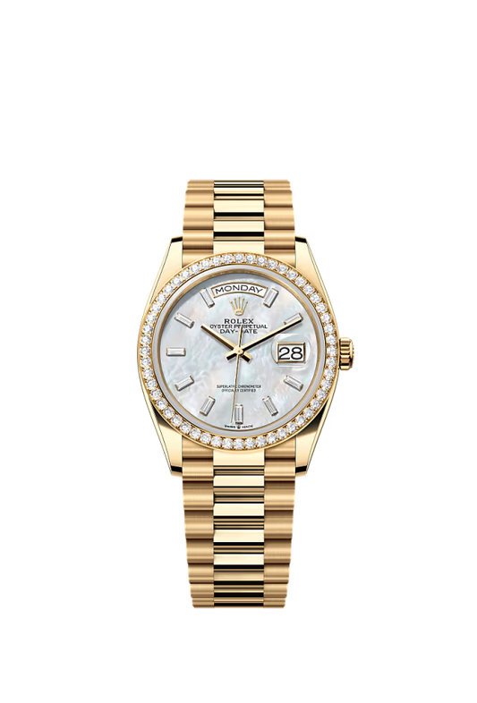 Rolex Day-Date - 36 MM - Yellow Gold - MoP White Dial - 128348RBR PMoPWd nyc watcher nyc watches