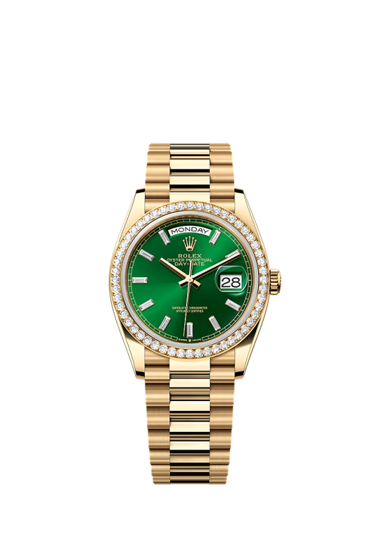 Rolex Day-Date - 36 MM - Yellow Gold - Green Dial - 128348RBR PGD  nyc watcher nyc watches