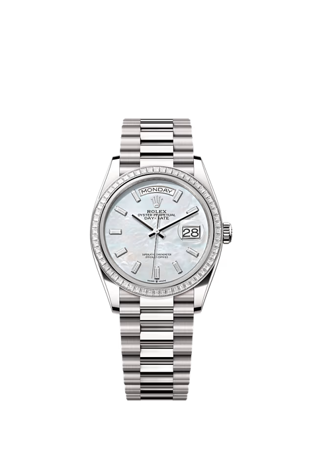 Rolex Day-Date - 36 MM - White Gold - MoP White Dial - 128399TBR PMoPWd nyc watcher nyc watches