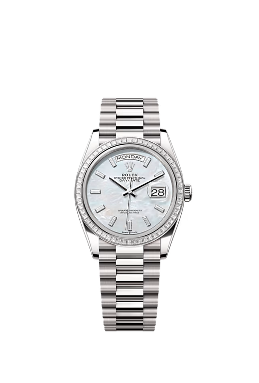 Rolex Day-Date - 36 MM - White Gold - MoP White Dial - 128399TBR PMoPWd nyc watcher nyc watches