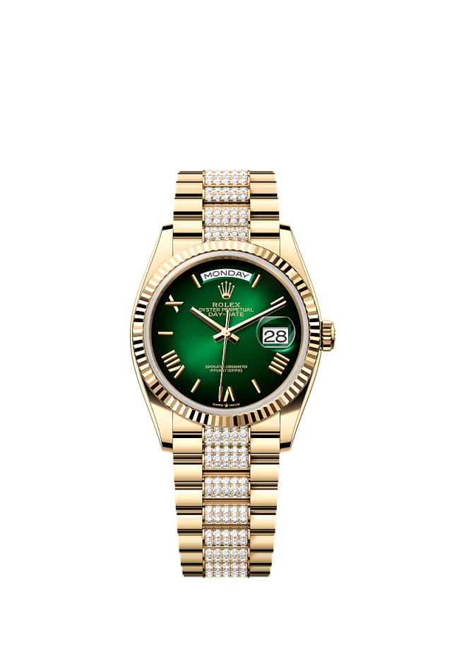 Rolex Day-Date - 36 MM - Yellow Gold - Green Dial - 128238 PdG nyc watcher nyc watches