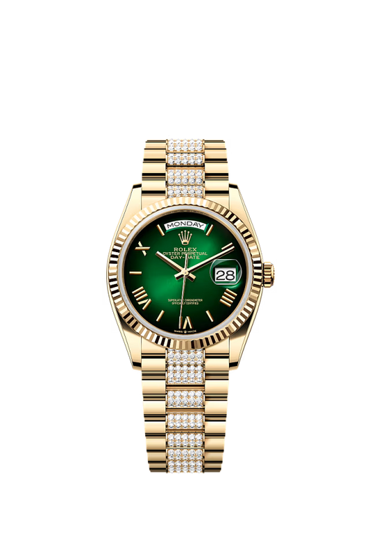 Rolex Day-Date - 36 MM - Yellow Gold - Green Dial - 128238 PdG nyc watcher nyc watches