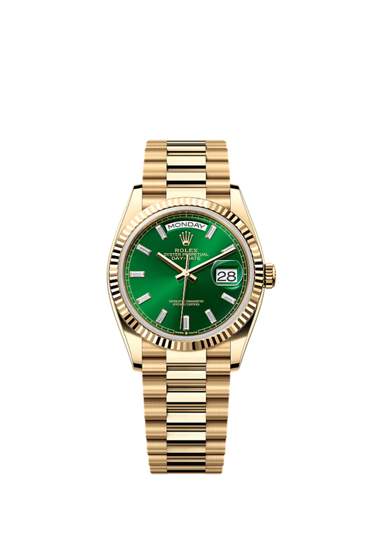 Rolex Day-Date - 36 MM - Yellow Gold - Green Dial - 128238 PGd nyc watcher nyc watches