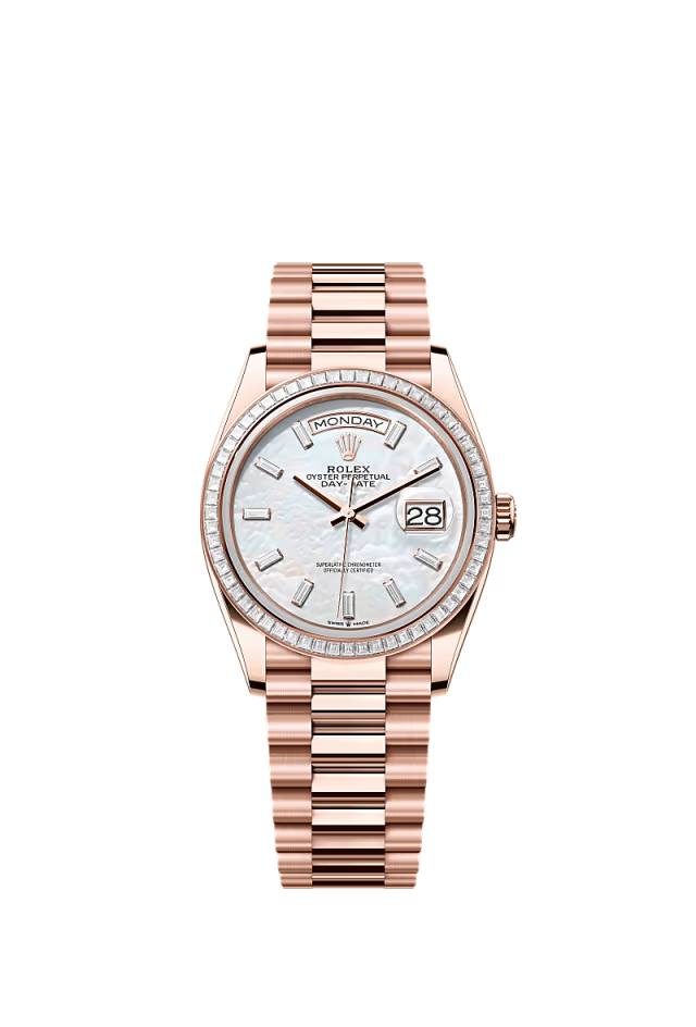 Rolex Day-Date - 36 MM - Rose Gold - MoP White Dial - 128395TBR PMoPWd  nyc watcher nyc watches