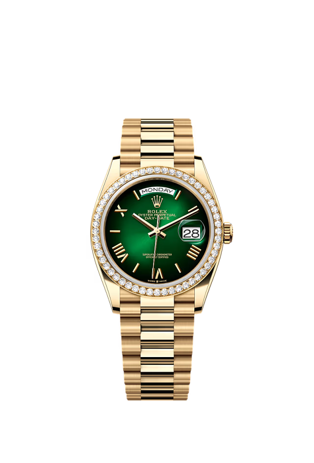 Rolex Day-Date - 36 MM - Yellow Gold - Green Dial - 128348RBR PGD  nyc watcher nyc watches