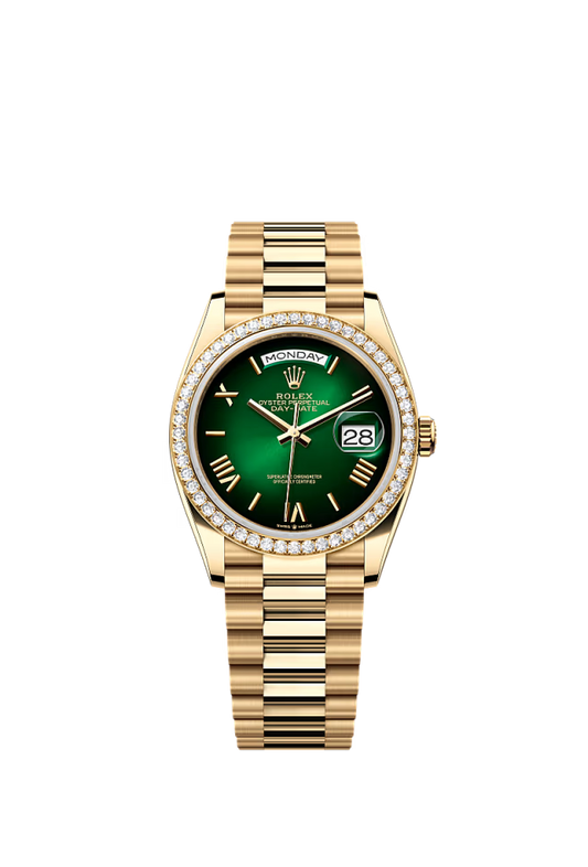 Rolex Day-Date - 36 MM - Yellow Gold - Green Dial - 128348RBR PGD  nyc watcher nyc watches