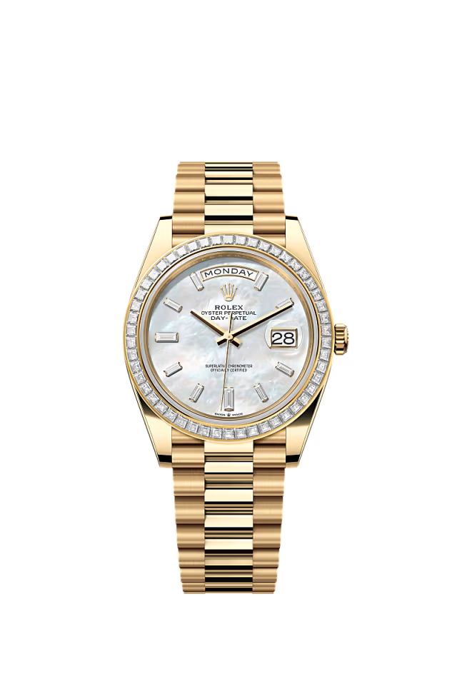 Rolex Day-Date - 40 MM - Yellow Gold - MoP White Dial - 228398TBR PMoPWd nyc watcher nyc watches