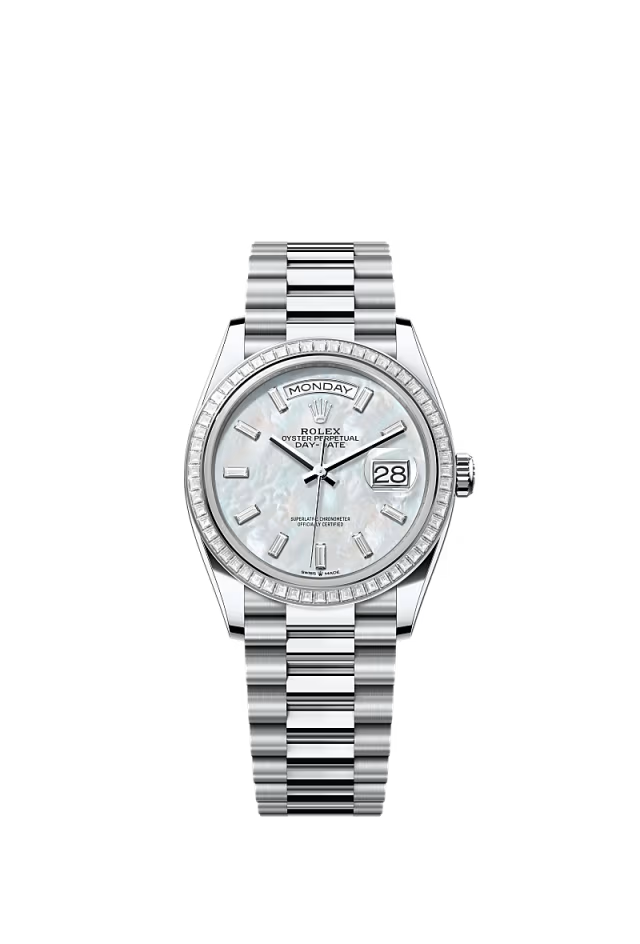 Rolex Day-Date - 36 MM - Platinum - MoP White Dial - 128396TBR PMoPWd nyc watcher nyc watches