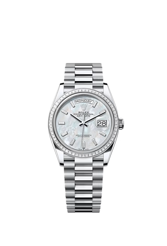 Rolex Day-Date - 36 MM - Platinum - MoP White Dial - 128396TBR PMoPWd nyc watcher nyc watches