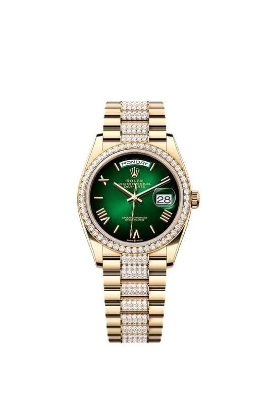 Rolex Day-Date - 36 MM - Yellow Gold - Green Dial - 128348RBR PDGD  nyc watcher nyc watches