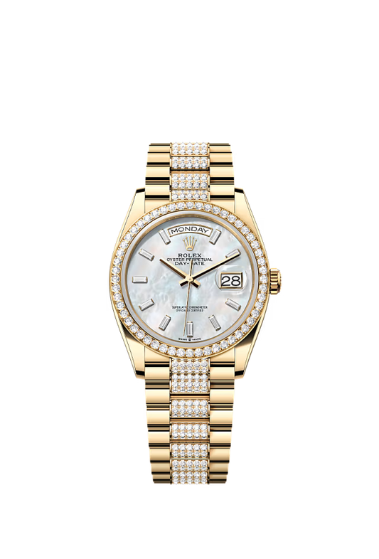 Rolex Day-Date - 36 MM - Yellow Gold - MoP White Dial - 128348RBR PdMoPWd  nyc watcher nyc watches