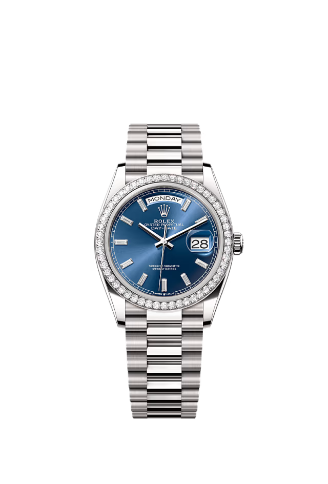 Rolex Day-Date - 36 MM - White Gold - Blue Diamond Dial - 128349RBR PBD nyc watcher nyc watches