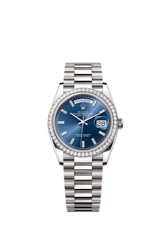 Rolex Day-Date - 36 MM - White Gold - Blue Diamond Dial - 128349RBR PBD nyc watcher nyc watches