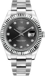 Rolex Stainless Steel and White Gold Datejust 41 Date Watch - 41 MM - Oyster Bracelet - Fluted Bezel - Dark Rhodium Diamond Dial - 116334-0009