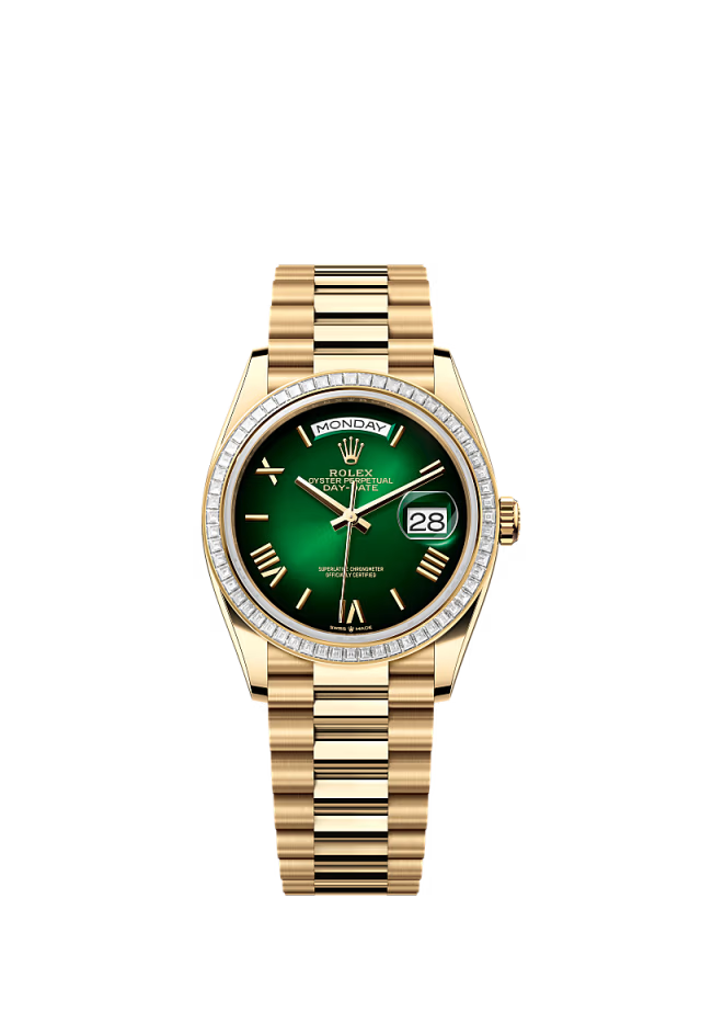 Rolex Day-Date - 36 MM - Yellow Gold - Green Dial - 128398TBR PG  nyc watcher nyc watches