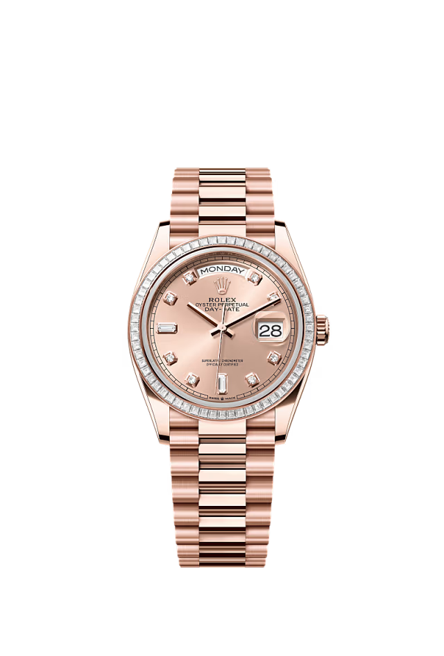 Rolex Day-Date - 36 MM - Rose Gold - Rose Dial - 128395TBR PR nyc watcher nyc watches