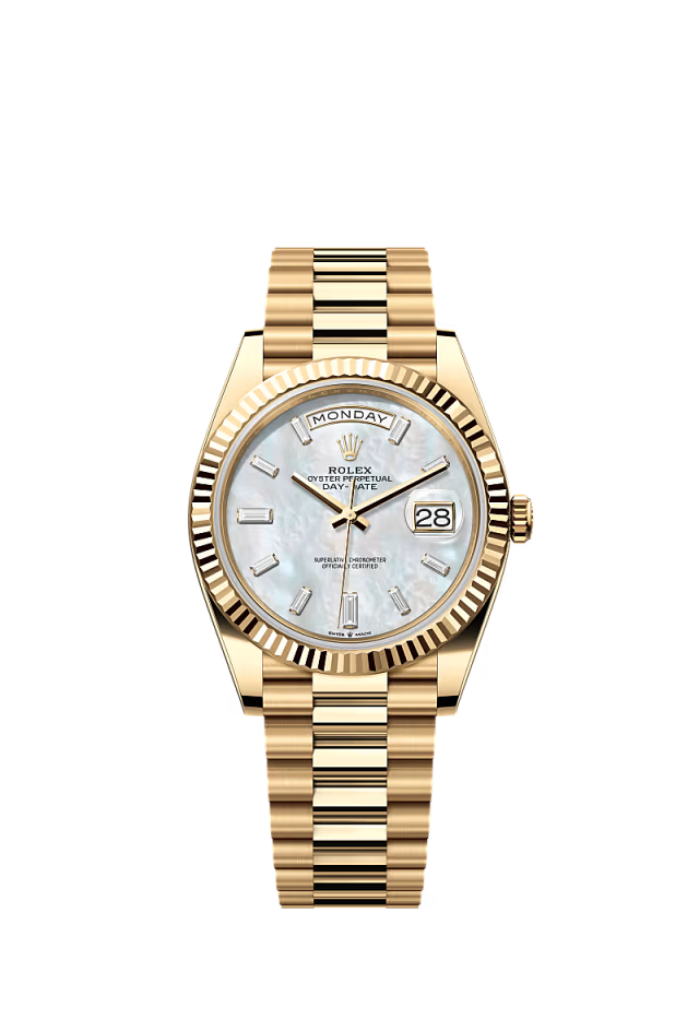 Rolex Day-Date - 40 MM - Yellow Gold - MoP White Dial - 228238 PMoPWd  nyc watcher nyc watches