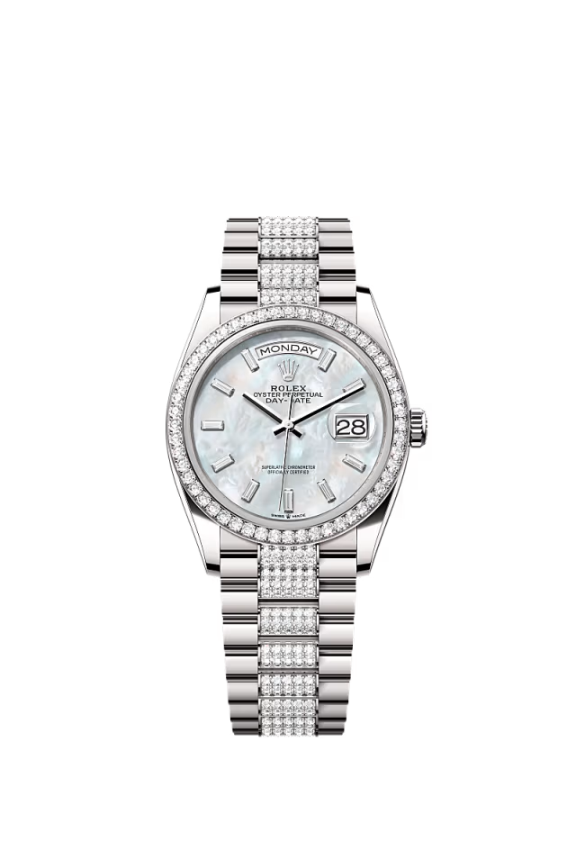 Rolex Day-Date - 36 MM - White Gold - MoP White Dial - 128349RBR PdMoPWd  nyc watcher nyc watches